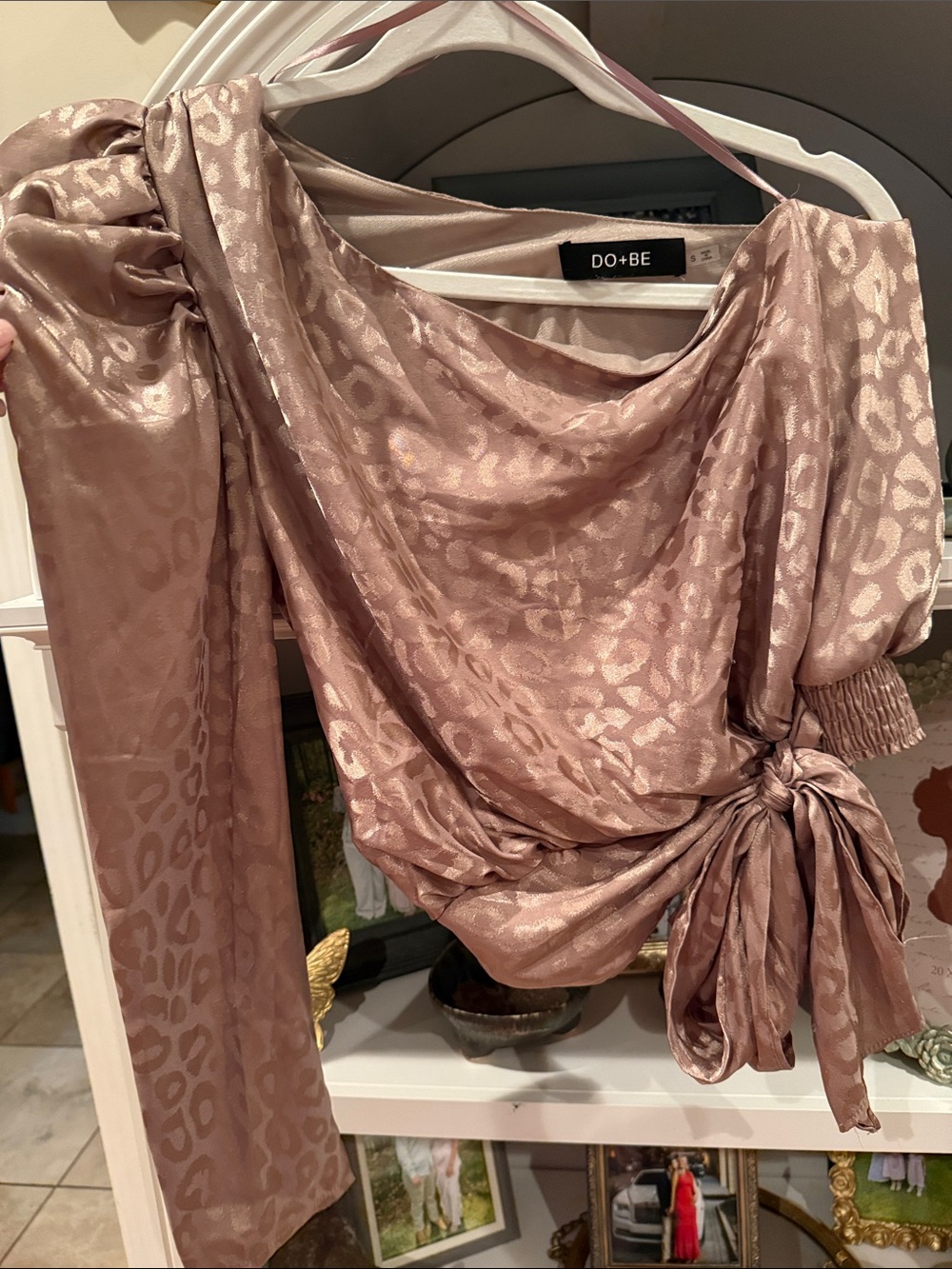 DO+BE Blush Satin Animal-Print One-Shoulder Tie Top